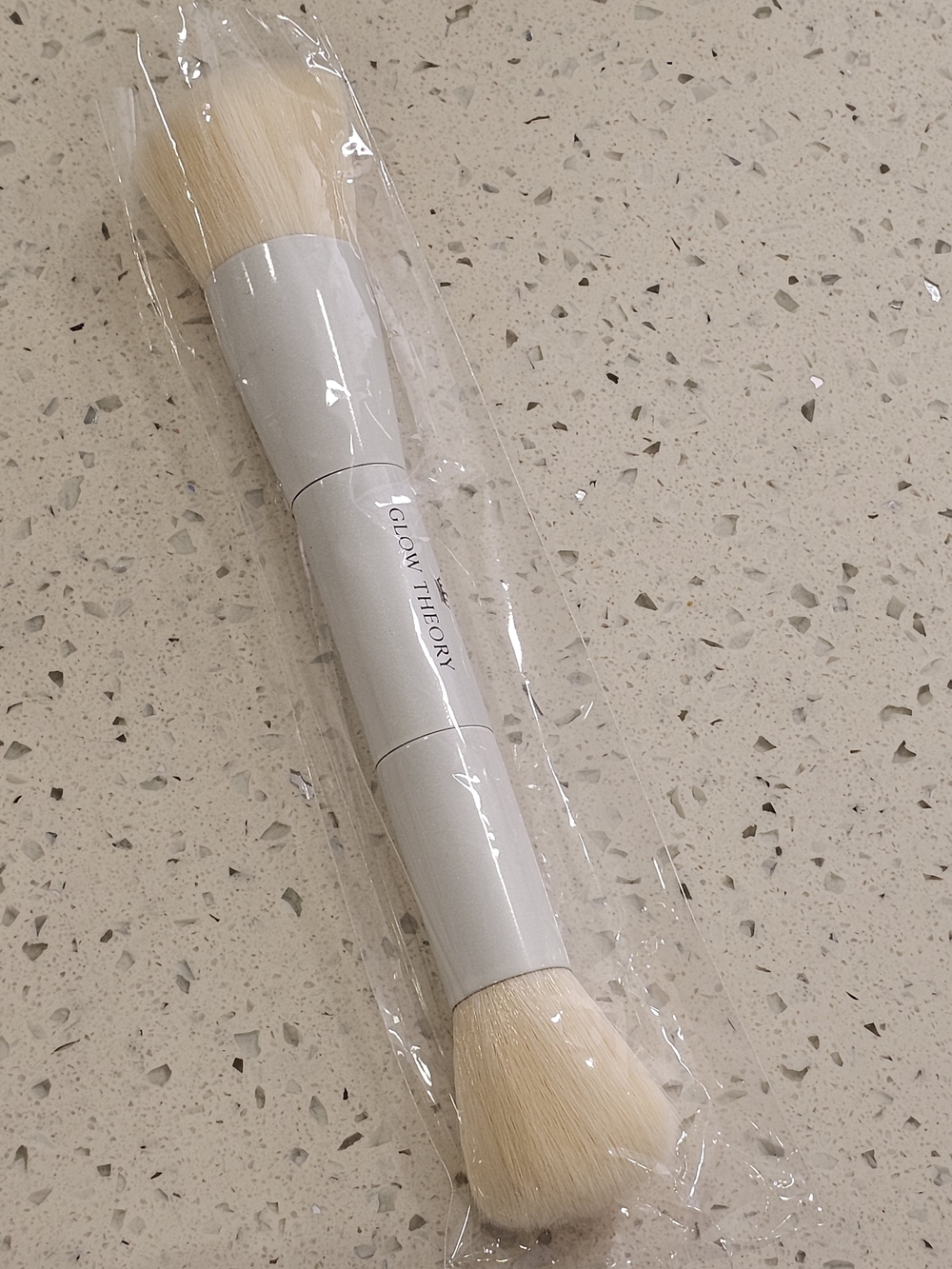 Glow Theory Double-Ended Makeup Brush - White Handle, Beige Bristles